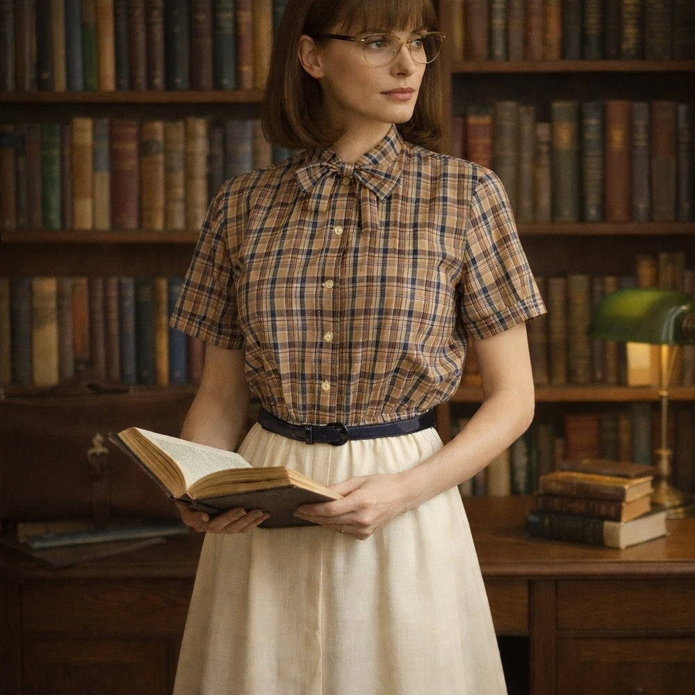 Vintage 70s Plaid Shirtwaist Dress Belted Secretary Teacher Preppy Midi Academia